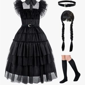 Halloween Costume- Wednesday Addams - Black Ruffled Kids Halloween Costume Set